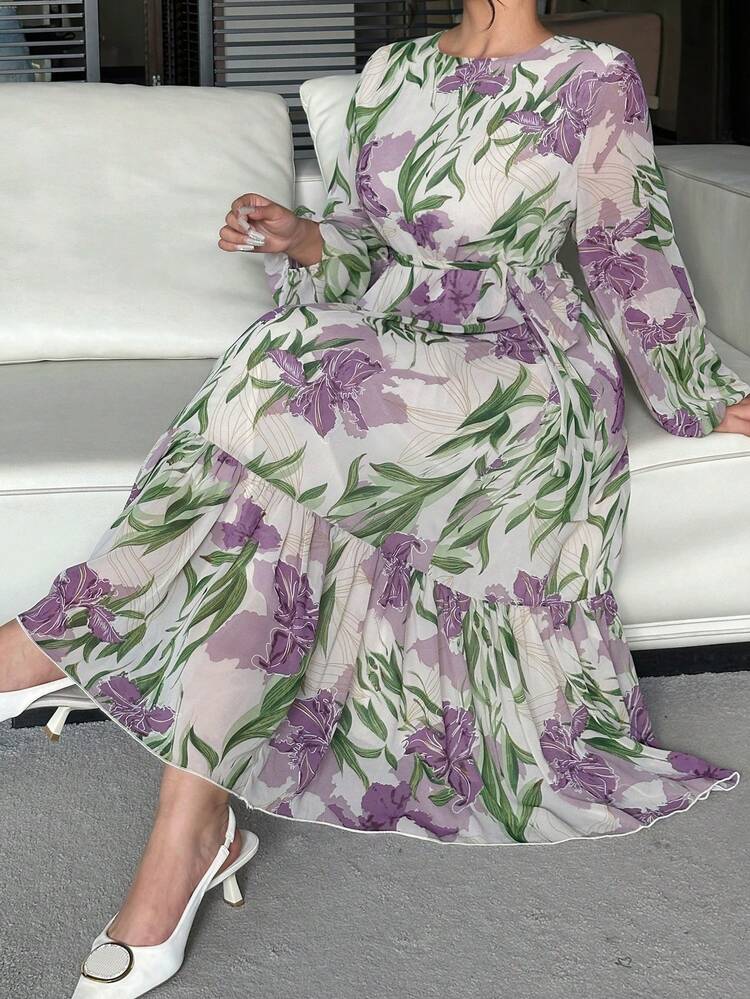 Dazy Plus Floral Print Loose Tie-Waist Long Sleeve Plus Size Dress, Vacation Style Maxi Dress Sundress Boho