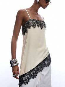 LYSMO 2026 New Arrive Minimalism Spring/Summer Women's Contrast Lace Asymmetric Hem Fashion Camisole - Beige - View 5