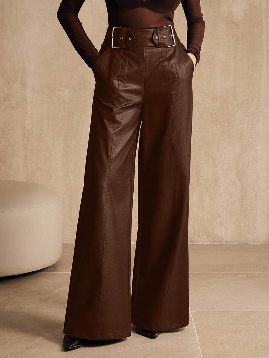 Anewsta Women's PU Leather High Waist Wide Leg Pants, Casual Business Wear, New European And American Style, Suitable For Halloween, Autumn/Winter - Rust Brown - View 1