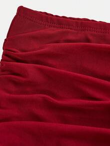 Girlism Teen Girls' Wine Red Mesh Elastic Ruched Snug Fit Versatile Casual Elegant Shorts/Skirt Red Skirt - Burgundy - View 3
