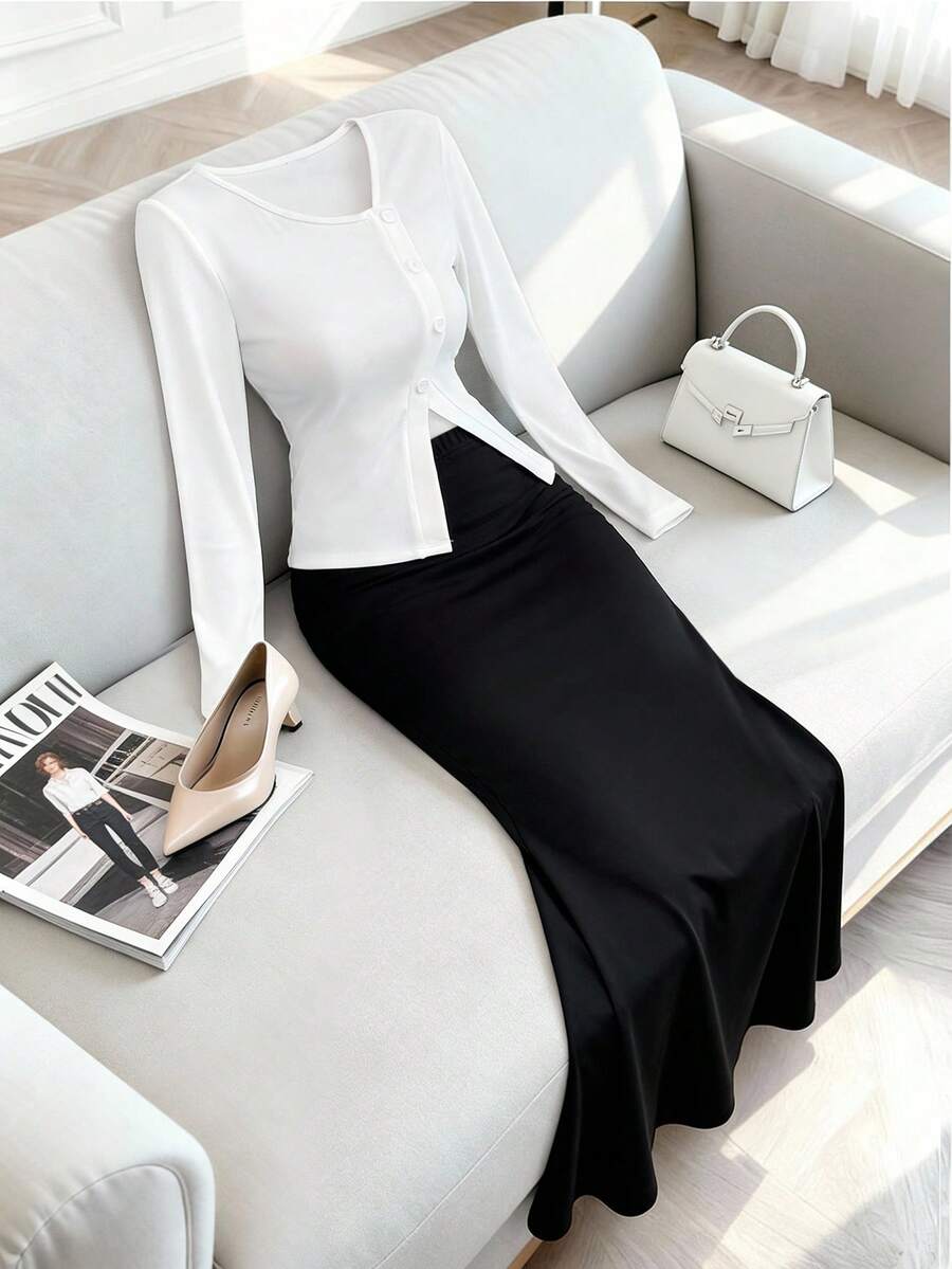Modelyn Bộ 2 áo dài tay xẻ tà màu tương phản thanh lịch dành cho nữ và chân váy