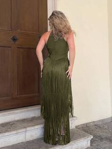Jeta Ari Vestido maxi elegante y vintage estilo bohemio con flecos, adecuado para primavera, verano, vacaciones, festivales, playas, fiestas y Pascua - Verde militar - Ver 2
