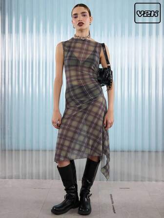 COUREZ Vestido midi de malla con estampado de cuadros y fruncido lateral / Ropa de invierno Y2K para mujeres, vestido verde para salir, vestidos para mujeres, vestido de fiesta, Acción de Gracias, Navidad, Año Nuevo, Sexy, Elegante