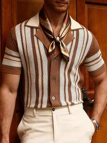 Manfinity CityGents Men's Front Button Short Sleeve Striped Casual Knit Top Beach Vacation - Multicolor - View 2