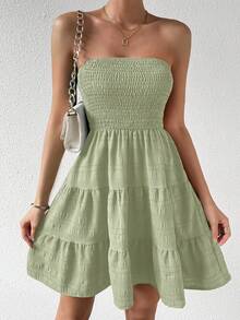 EMERY ROSE Summer Casual Solid Color Bandeau Layered Hem Dress - Green - View 3