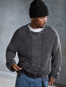 ROMWE MEN Men's Casual Washed Drop Shoulder Loose Knit Sweater, Autumn/Winter - Grey - View 5