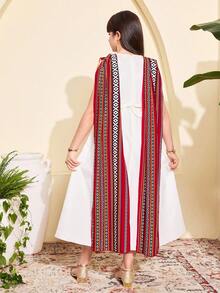 Robe abaya arabe traditionnelle, col rond, sans manches, motif géométrique sur les épaules, décontractée pour les jeunes filles