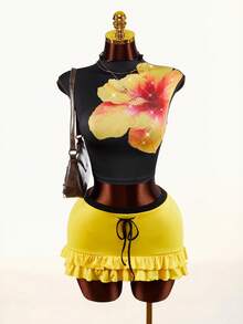 Amplova 2026 New Casual Rhinestone Embellished Floral Print High Neck Top And Low Waist Bodycon Skirt Set For Women - Multicolor - View 7