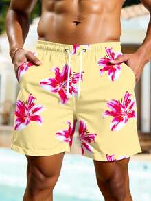 Horizaway Quần bơi nam in họa tiết đi biển có dây rút, quần bơi nam đôi, đồ bơi nam, quần bơi ngắn nam, bộ đồ bơi đôi kiểu Hawaii, quần bơi đôi in họa tiết. - Màu vàng - Xem 3