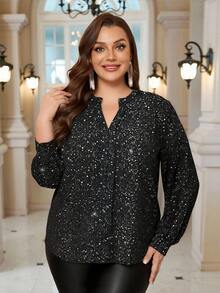 EMERY ROSE Blus Elegan Berkilau Lengan Lentera Leher V untuk Wanita Ukuran Besar, Cocok untuk Musim Semi - Hitam - View 4
