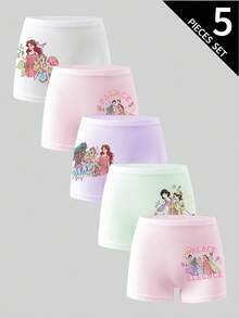 Quần lót bé gái - 5 chiếc, họa tiết công chúa, màu pastel, kiểu quần đùi, eo chun, mềm mại, nhẹ, thoải mái, thích hợp mặc ngủ, chơi, hàng ngày, có thể giặt máy, quà tặng ngày lễ 2026, phụ kiện cần thiết, dễ thương, quyến rũ, bền, bốn mùa. - Hồng - Xem 9
