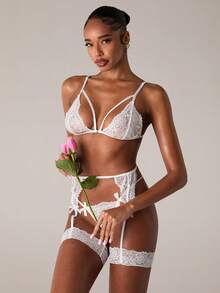 SHEIN BAE 女士性感蕾丝透明蝴蝶结装饰外出内衣套装 - 白色 - 查看 4
