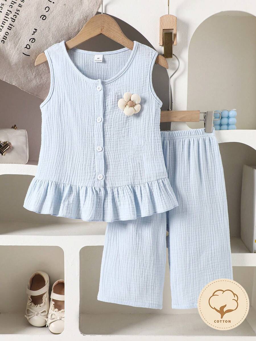 2 pièces Ensemble top camisole bleu Dozy Joy et pantalon 3/4 pour jeunes filles, décoré de fleurs 3D beiges, doux, décontracté, ample, convient pour l'été - Bleu azur - Voir 1
