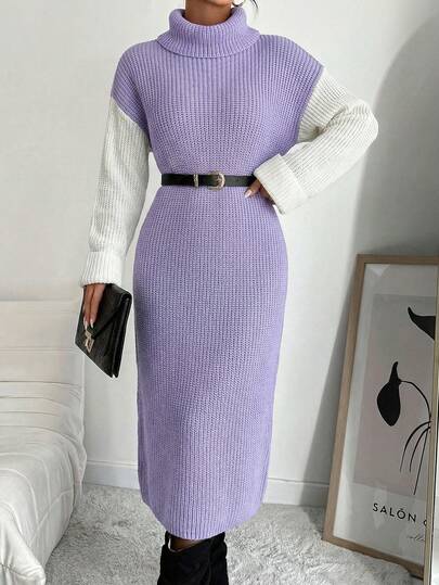 Women's Casual Contrast Color Turtleneck Drop Shoulder Long Sleeve Knitted Dress, Autumn/Winter