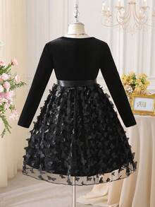 Glamorique Kids Đầm nhung dài tay cổ tròn thanh lịch cho bé gái, phối nơ 3D dễ thương ở gấu và viền lưới, thích hợp cho Giáng sinh, các bữa tiệc ngày lễ và mặc hàng ngày, màu đỏ, mùa thu/đông/xuân. - màu đen - Xem 2