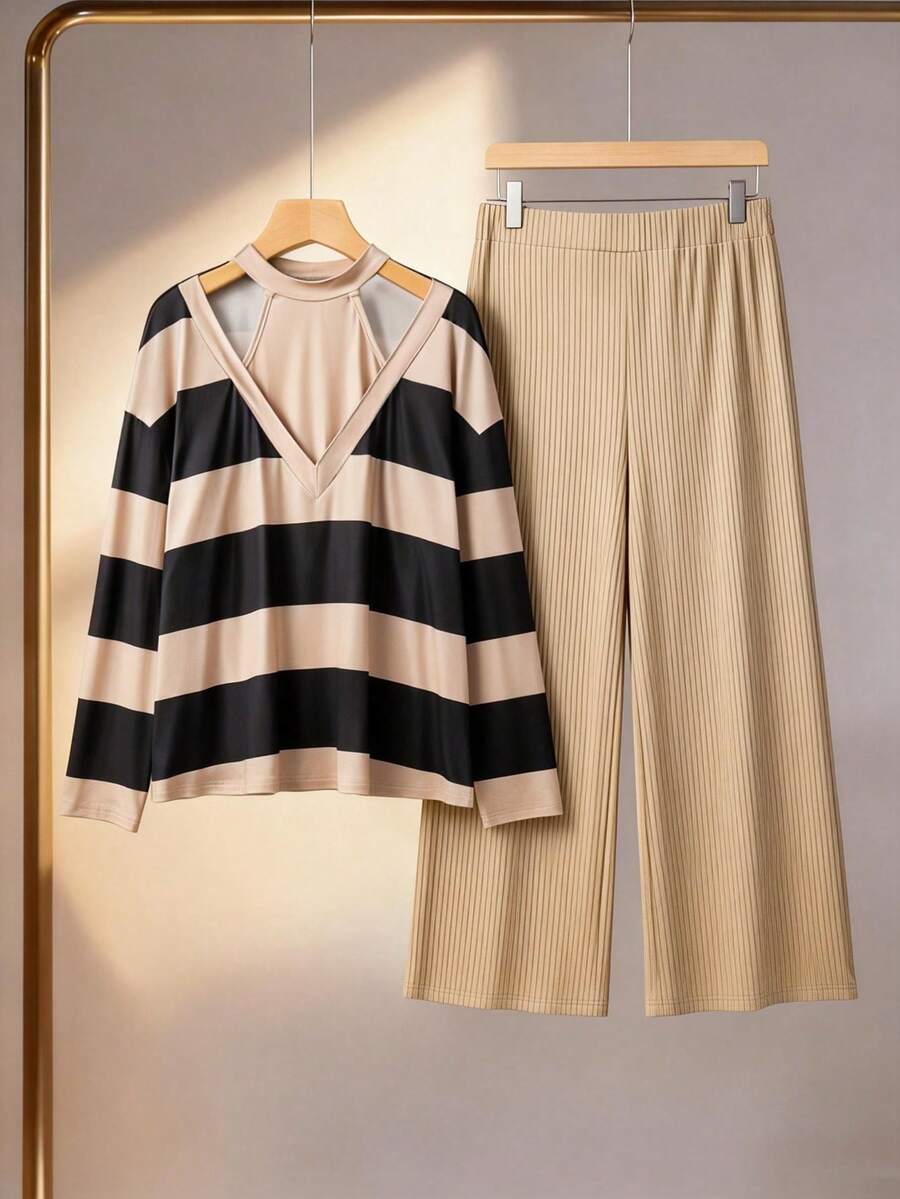 GlowEve CURVE Bộ đồ hai mảnh cỡ lớn, kiểu dáng thường ngày, kẻ sọc tương phản, khoét lỗ, gồm áo hai dây và quần. - Nhiều màu - Xem 1