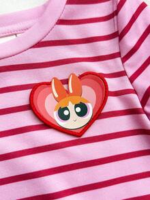 THE POWERPUFF GIRLS X SHEIN Baby Girl Casual Striped Cartoon Pattern Ruffle Hem Long Sleeve Dress, Autumn - Pink - View 4