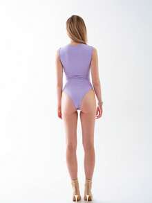 OverBlushhh Women's Stretch Sleeveless Fitted Cut-Out Rhinestone Pearl Bodysuit For Dance Heels, Performance Holiday Summer Season - Lilac Purple - View 2