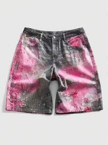 ROMWE MEN Street Life Men's Casual Washed Tie-Dye Print Denim Shorts - Pink - View 1