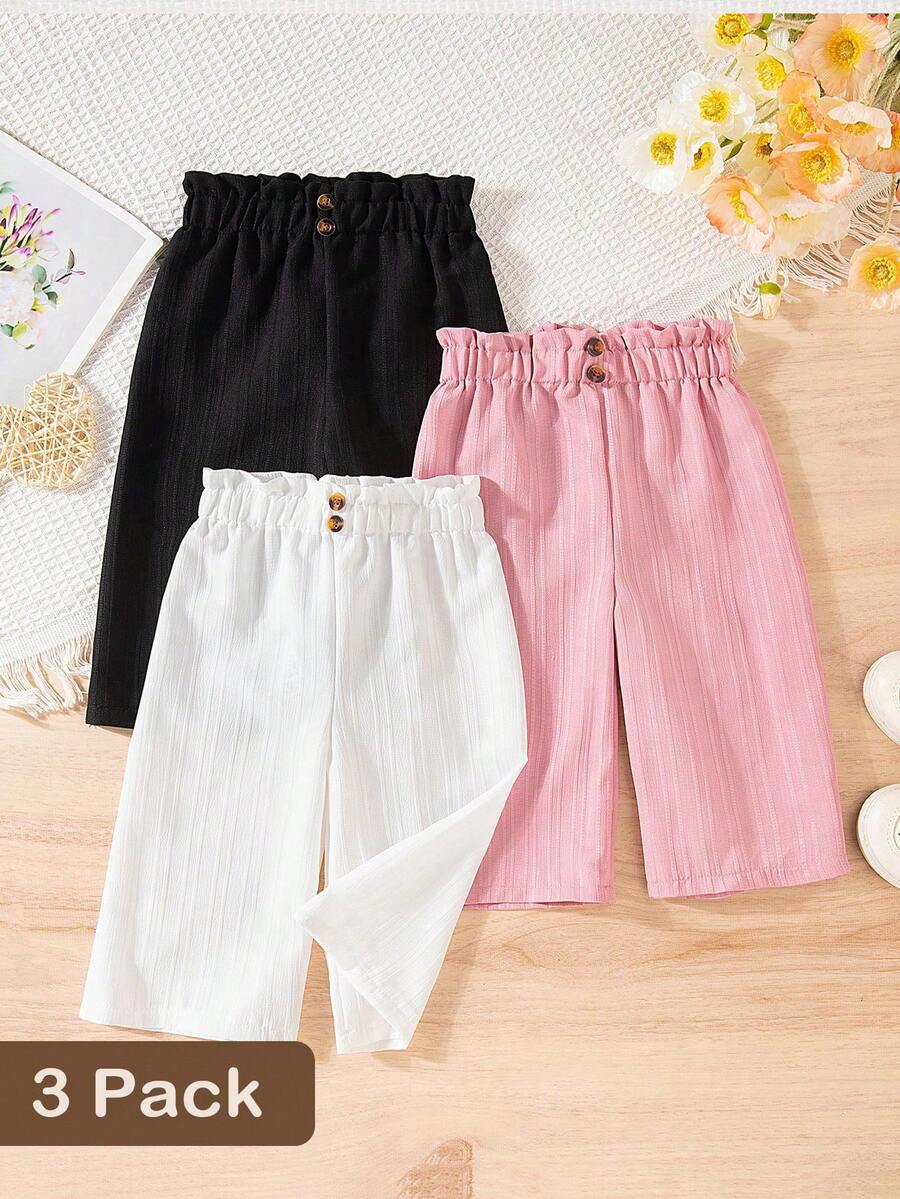 SHEIN Bộ 3 món quần ống rộng cài nút đơn sắc thoải mái, dễ mặc cho bé gái, thích hợp mặc hàng ngày vào mùa xuân và mùa thu, hoạt động ngoài trời - Nhiều màu - Xem 1