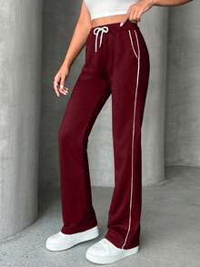 Women's Drawstring Waist Pockets Casual Sweatpants - Burgundy - View 3