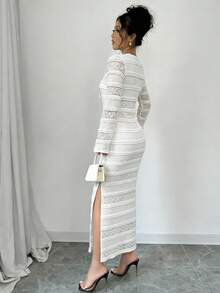 Rafferiza Women's V-Neck High Slit Long Sleeve Lace Mesh Bodycon Maxi Dress,Elegant White Tie Front Midi Long Dress For Autumn Dining - White - View 2