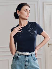 Anewsta Women's Elegant Sequin Embroidered Short Sleeve T-Shirt, Fitted Crew Neck Knit Top, Casual Office Wear - Navy Blue - View 6
