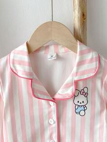 2件套 女童时尚可爱粉色条纹兔子印花甜美温柔翻领开衫长袖睡衣套装 - 粉色 - 查看 8