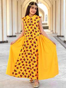 SHEIN Gaun Kasual Minimalis Nyaman Berkerah Motif Bunga Blok Warna untuk Anak Perempuan Remaja - Kuning - View 3