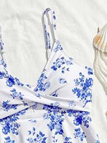 SHEIN Bộ đồ bơi tankini họa tiết hoa dành cho thiếu nữ, kiểu đan chéo. - Màu xanh lam - Xem 3