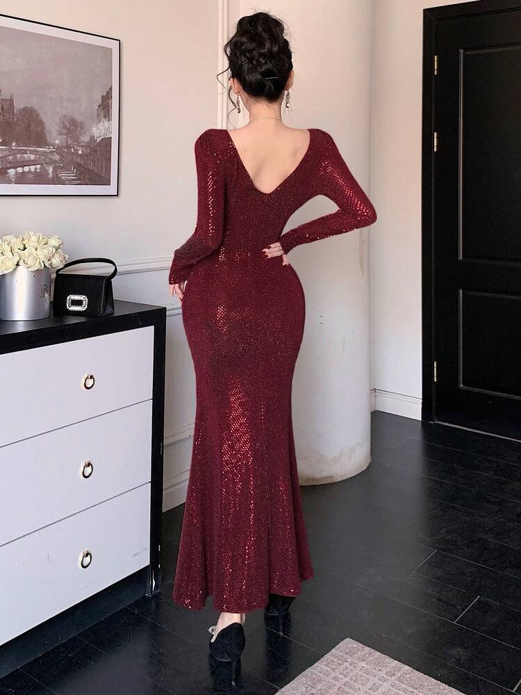 Elegant V-Neck Sequin Embellished Minimalist Dress Sundress