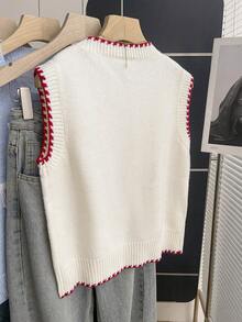 Franclia Casual Style Loose Round Neck Sleeveless Woolen Woven Contrasting Edge Beige Women's Spring And Summer Knitted Top, Summer Clothes Spring Outfit Women Casual Women Outfits White Knitted Top Sweater Vest For Women Summer Jumper Knit Tops Sweater Top Knit Top Women - Beige - View 2