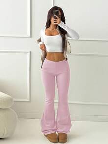 SHEIN PETITE Quần ống loe cạp chun màu mơ, quần tối giản thích hợp mặc đi làm, ở nhà, mặc thường ngày cho nữ, quần dệt kim, quần ống chuông, quần yoga, quần legging ống loe, quần thể thao ống loe, quần ống rộng mùa thu đông cho nữ. - Hồng - Xem 4