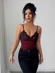 SHEIN Elenzya 蕾丝网纱拼接褶皱修身蝴蝶结吊带背心，优雅派对上衣 - 彩色 - 查看 7