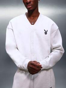 PLAYBOY X SUMWON Bunny Logo Button Front Cardigan Long Sleeve Winter Outerwear Jacket - Light Grey - View 3