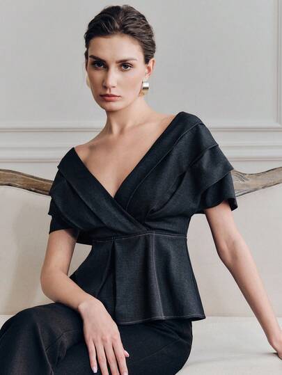 Anewsta 女士优雅褶皱V领派对/情人节露肩袖衬衫，春夏款