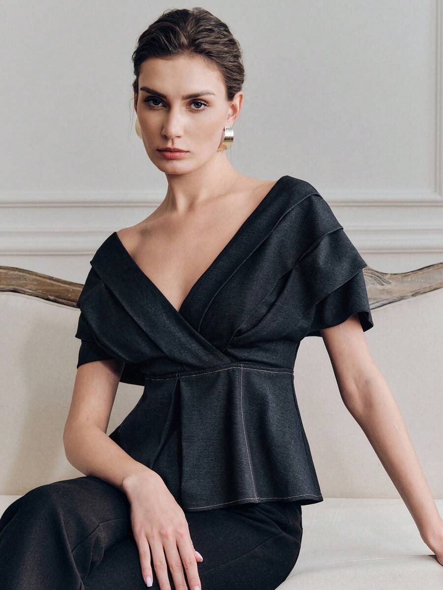 Anewsta Women's Elegant Pleated V-Neck Party/Valentine's Day Blouse With Shoulder Sleeves, Spring/Summer - Navy Blue - View 1