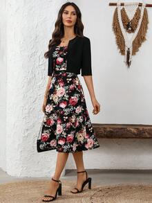 EMERY ROSE Bộ đồ 2 món thanh lịch dành cho nữ: áo khoác cardigan màu trơn và váy không tay in hoa. - Nhiều màu - Xem 5