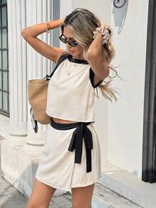 Serisse Conjunto informal de 2 piezas para mujer con top de cuello redondo sin mangas de color contrastante y falda pantalón con lazo de amarre - Albaricoque - Ver 4