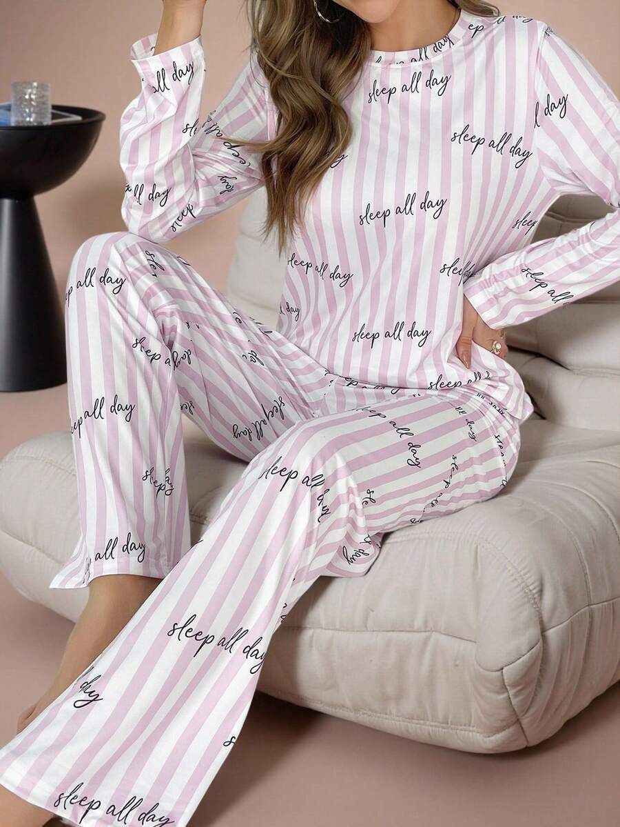 Lazeform Striped & Letter Graphic Tee & Pants PJ Set / Pajama Set Holiday Season, Fall Clothes Cozy And Elegant Details, Winter - Baby Pink - View 1
