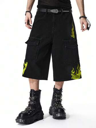 Street Life Shorts en jean cargo avec broderie de flamme pour hommes