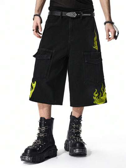 Street Life Shorts en jean cargo avec broderie de flamme pour hommes
