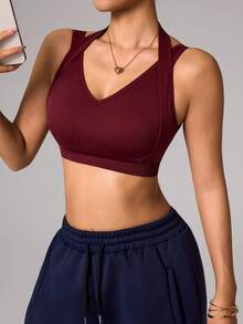 Dewbera 1 pieza Sujetador deportivo básico de espalda de tirantes, tela transpirable, color burdeos, diseño sin costuras para fitness, yoga - Burdeos - Ver 5