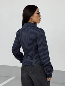 StreetHx Women's Retro Fitted Striped Shirt - Navy Blue - View 2