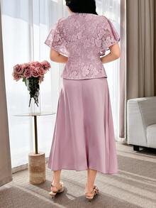 Feyla 女士花卉蕾丝蝙蝠袖上衣和半裙优雅两件套 粉色两件套 夏季度假装 女士情人节优雅两件套 派对沙滩装 适合各种场合 浪漫两件套，领口饰有蕾丝花边 - 粉色 - 查看 3