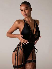 SHEIN BAE Bộ đồ lót gợi cảm 3 món cho nữ (Bộ đồ liền thân không dây + 2 chiếc tất lưới) (Phiên bản Halloween) - màu đen - Xem 4