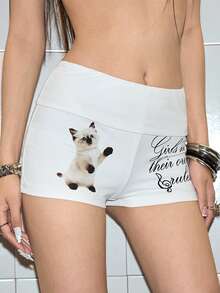 ROMWE Avant Women's Casual Basic Cat Print Shorts - White - View 4