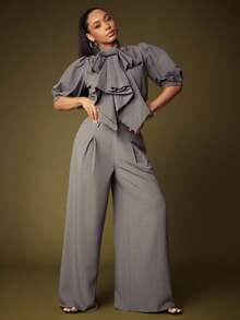 Vixey High Waist Pleated Extreme Wide Leg Pants - Dark Grey - View 3