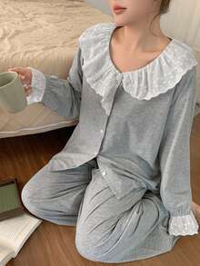 Dazy Plus Conjunto de pijama de talla grande para mujer con top de manga larga holgado con cuello de volantes asimétrico y pantalón recto, para primavera/verano/otoño - Gris - Ver 2
