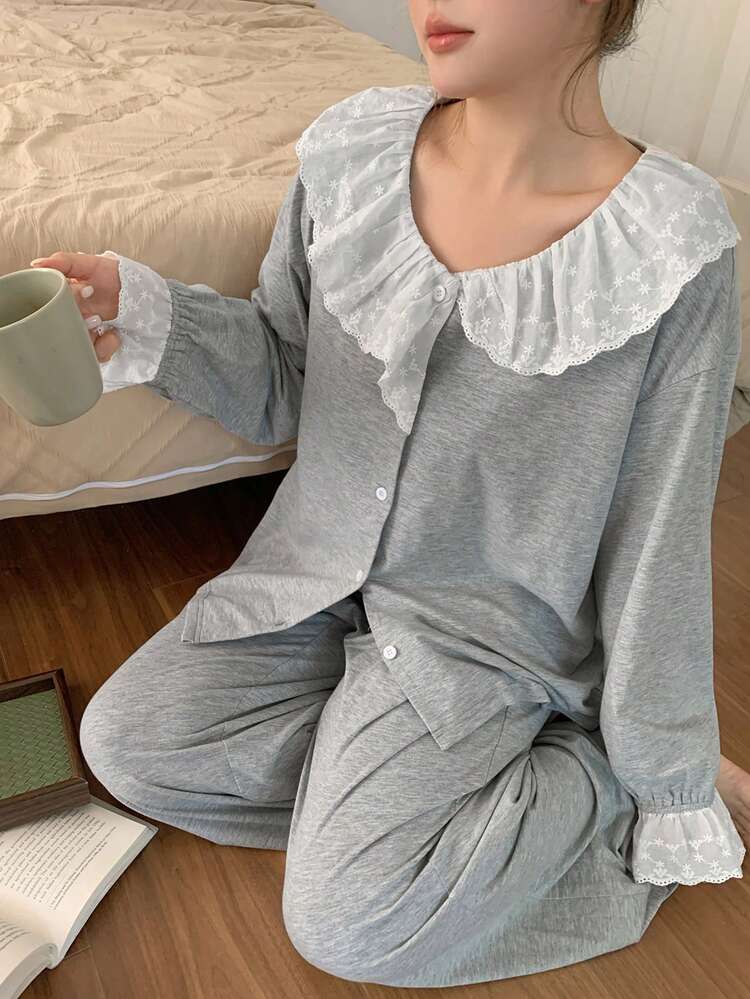 Dazy Plus Plus Size Women Casual Asymmetric Ruffle Collar Loose Long Sleeve Top And Straight Pants Pajama Set, Spring/Summer/Autumn
